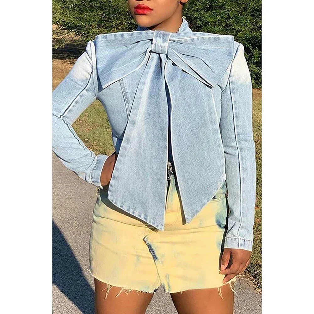 Plus Size Women Casual Denim Blouse Stand Collar Lantern Long Sleeve Female Bow Decor Lace-up Tops