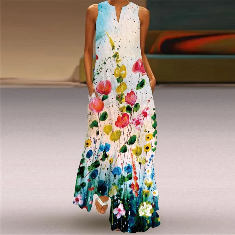 2024 New European and American Cross border Summer Long Dress Women\'s Sleeveless V-neck Printed Sexy