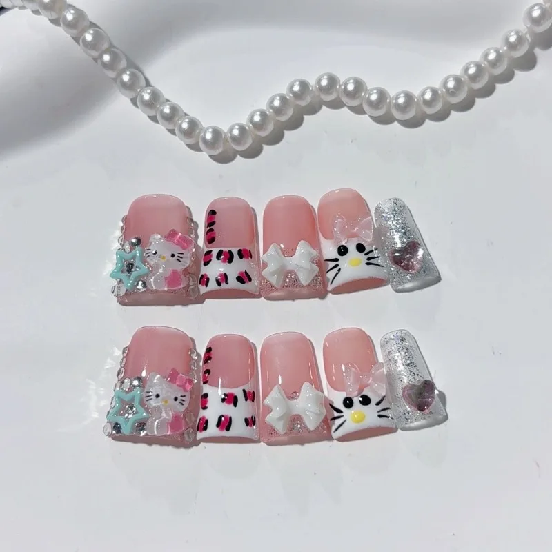 

10Pcs Handmade Duckbill Nails Pink Leopard French Nails Tips with Kt Cat Press on Fake Nails Reusable for Women Daily Wear
