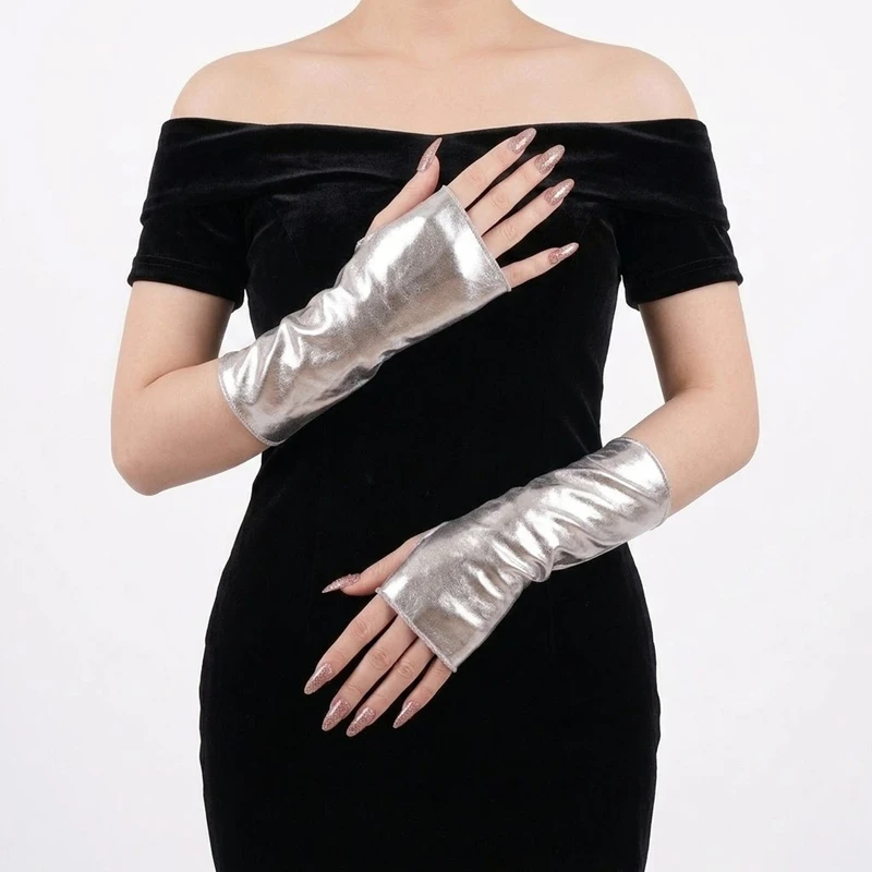 

23cm Sexy Shiny Short Metallic Punk Fingerless Gloves Long Wrist Sleeves Cosplay Stage Show Costume Party Accessory Gloves