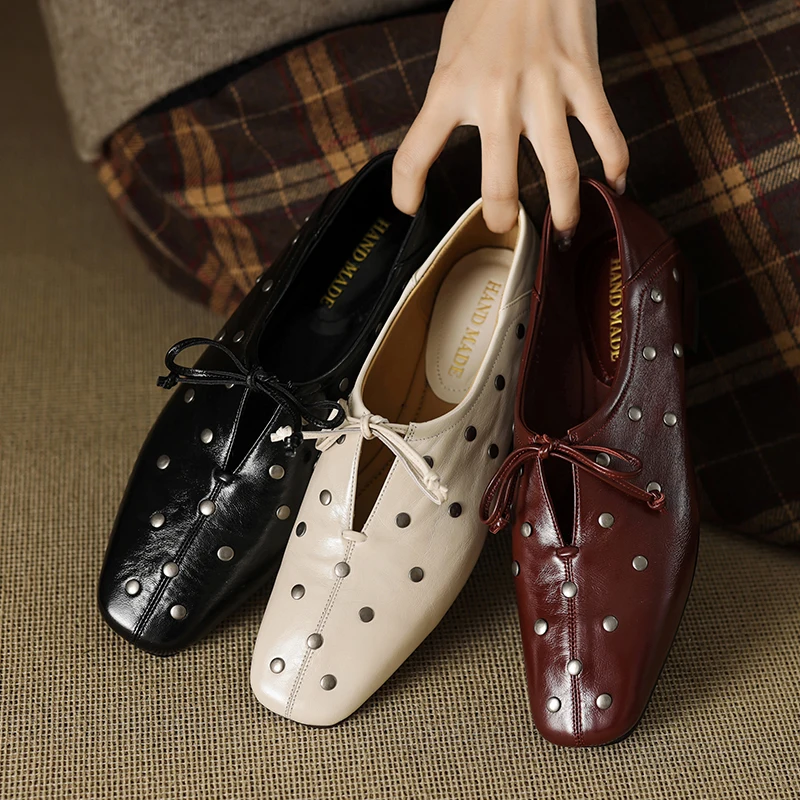 2026 new summer women sandals natural leather 22-26cm sheepskin+cowhide rivet lace-up low heel women shoes fashion loafers