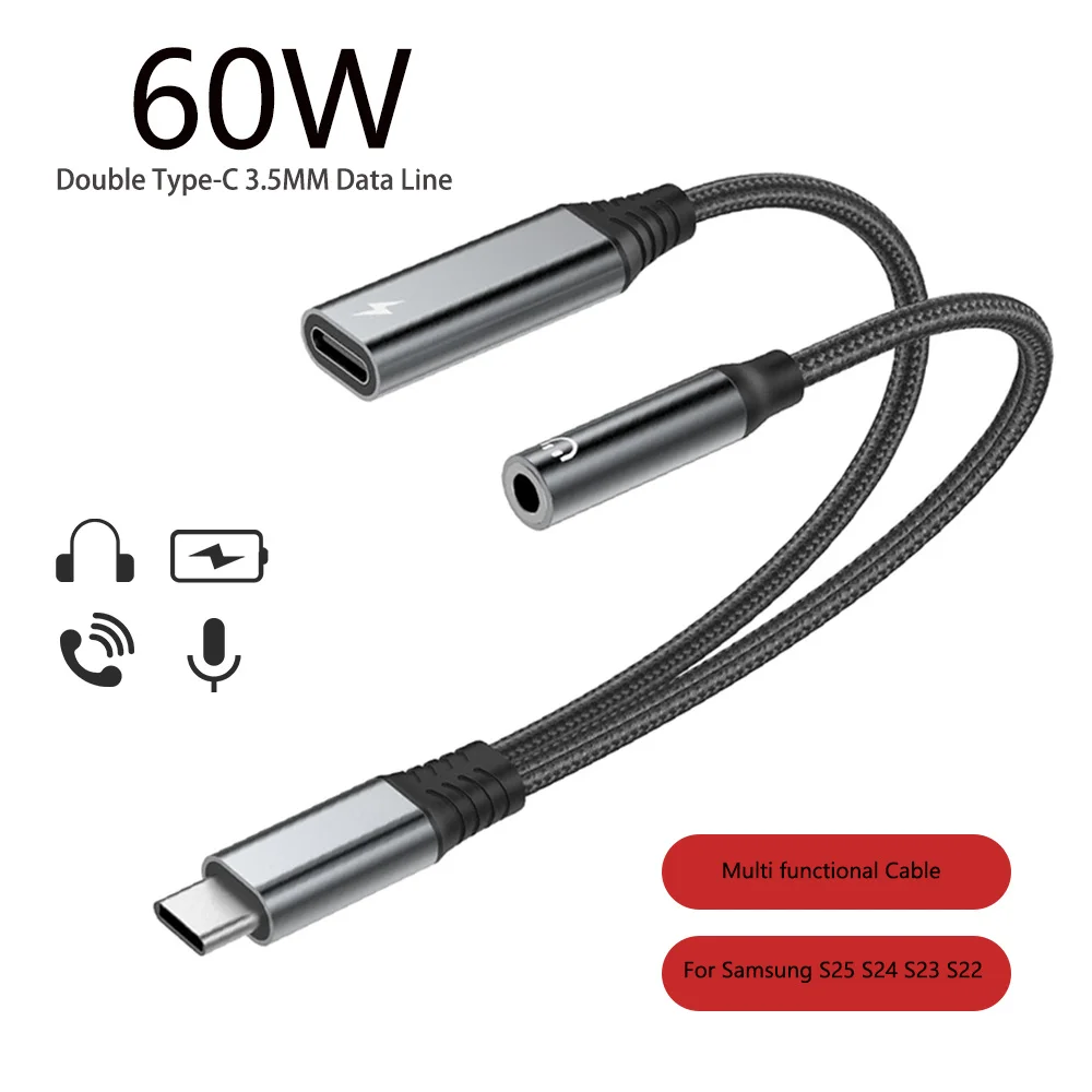 

NEW 2 IN 1 Type C To 3.5MM Adapter Cable For Samsung S25 Ultra Note Xiaomi 15 iPhone Huawei Fast Charge Jack Earphone Splitter