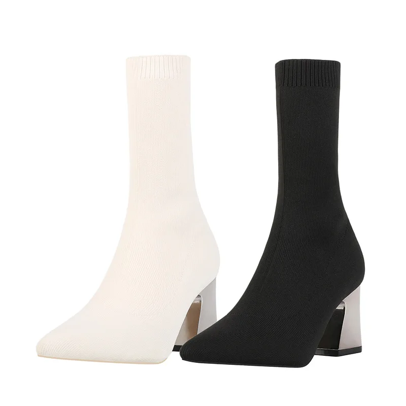 Fashion Women Boots White Black Pointed Toe Elastic Socks Boots Square Heels Boots Plus Size Ankle Boots Autumn Winter Shoes 42