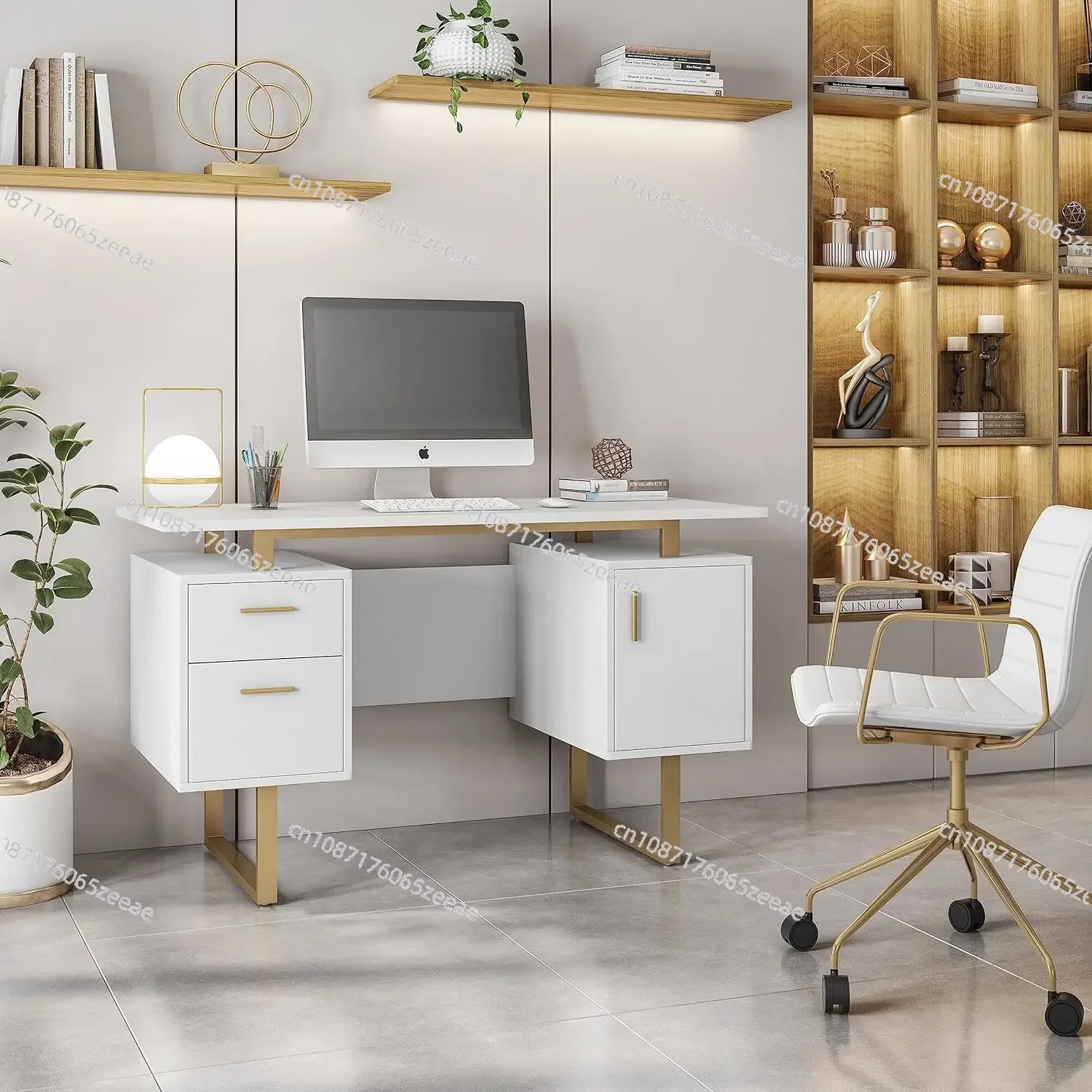 Techni Mobili Storage Drawers and Cabinet 51.25” W-Modern Office Large Floating Desktop Surface Desk, White/Gold