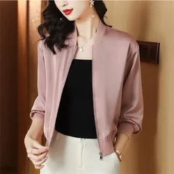 Silk Short Jackets Woman Coats Loose Satin Outwear Solid Color Cloth Zipper Baseball Jacket Spring Autumn Clothes Female Jacket