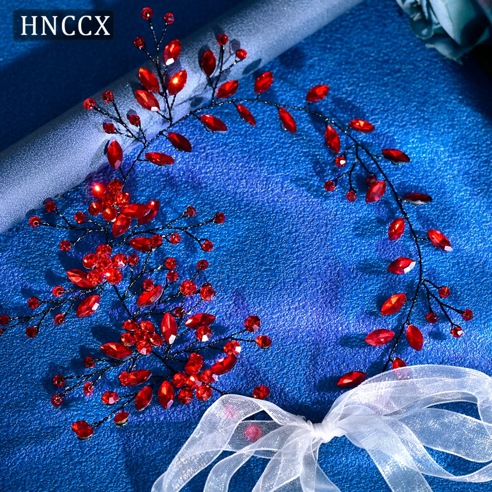 HNCCX Elegant Red Color Rhinestone Flower Bride Hair Vine Handmade Headpieces For Outdoor Wedding Banquet Prom Hair Band HP65 image 2