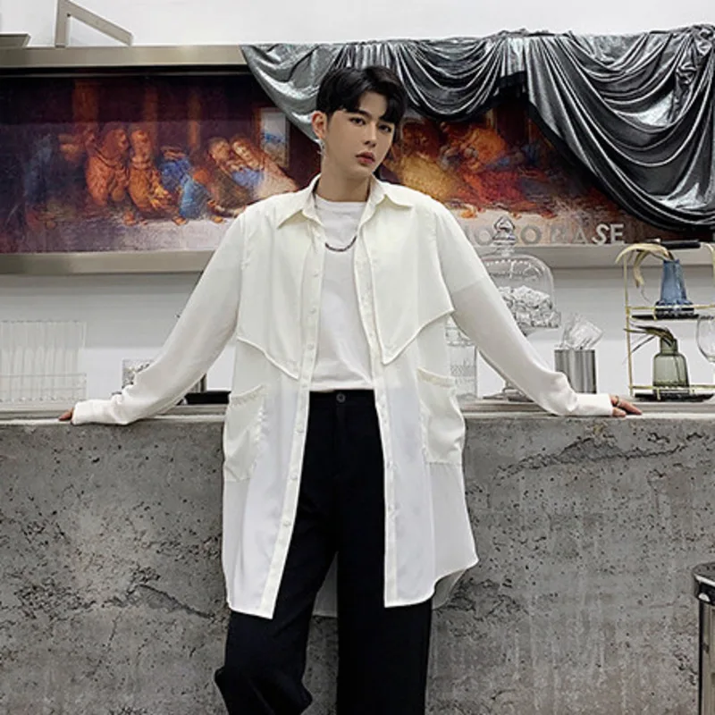 WVGA Spring Autumn New Men Two-piece Detachable Personalized Vest Swallowtail Design Long Shirt Niche Chic Casual Top Ins W23779