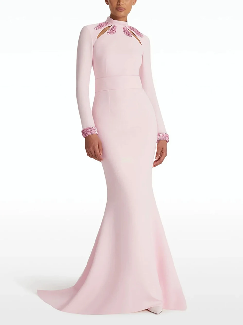Modphy Elegant Long Sleeve Stand Sequin Slim Long Dress Women Pink Sky Blue Maxi Dresses Formal Eveing Party Club Gowns