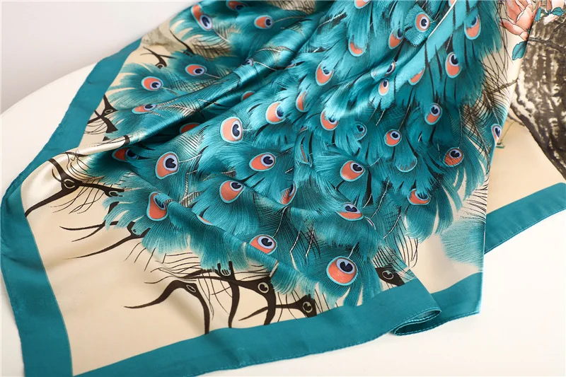 90*90cm Hijab Schals Frauen Mode Pfau Muster Druck Schal Weibliche Platz Schals Kopf Damen Halstuch Foulard schalldämpfer Mädchen – Detail 5