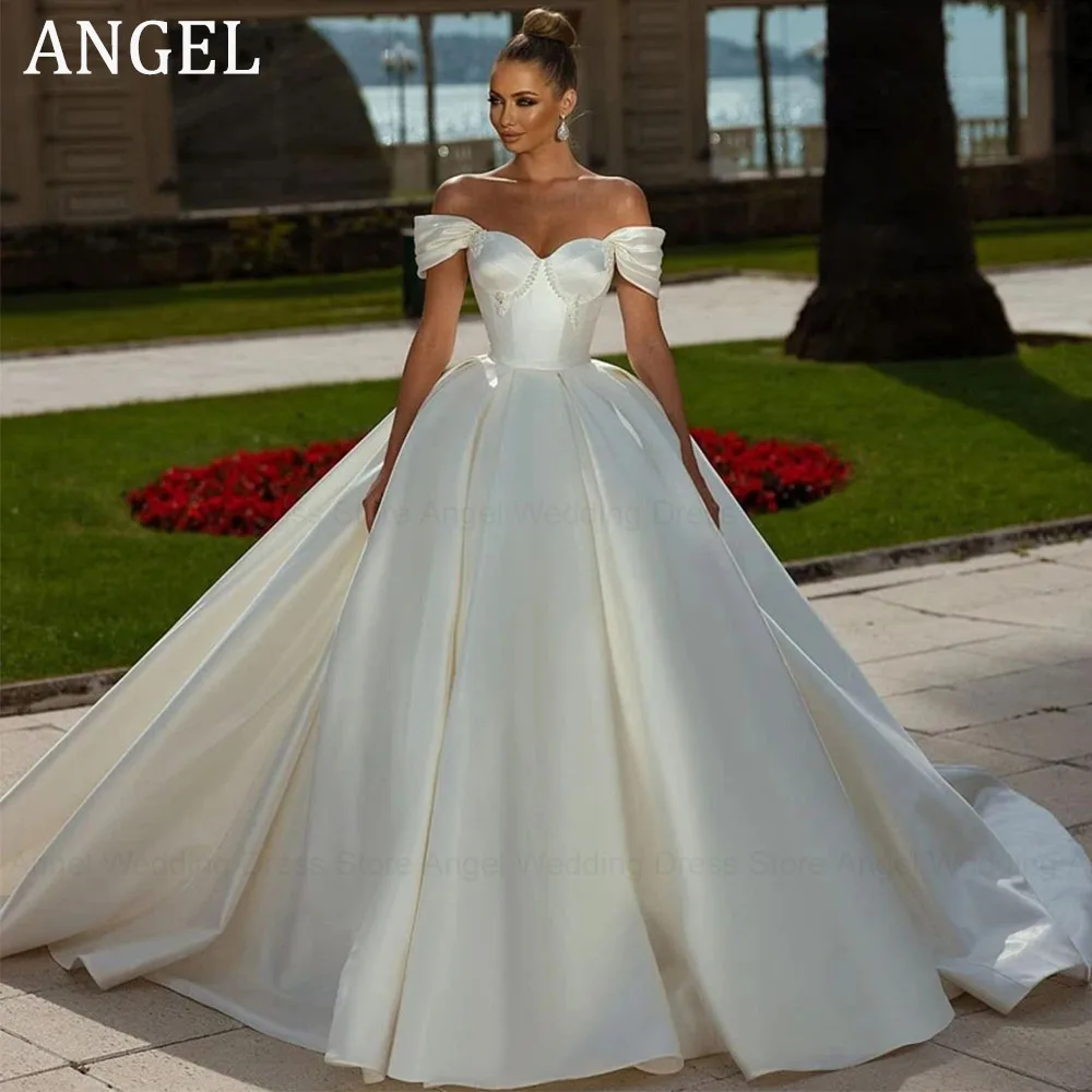 

ANGEL Simple Satin Wedding Dress For Bride 2024 Off The Shoulder Sweetheart Collar Lace Up Back Shinning Bridal Gown