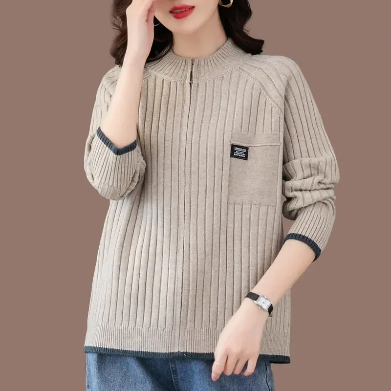 

Knitted Cardigan Women's Jacket 2025 Spring And Autumn New Outerwear Loose And Stylish Long Sleeved Casual Zipper Sweater Green