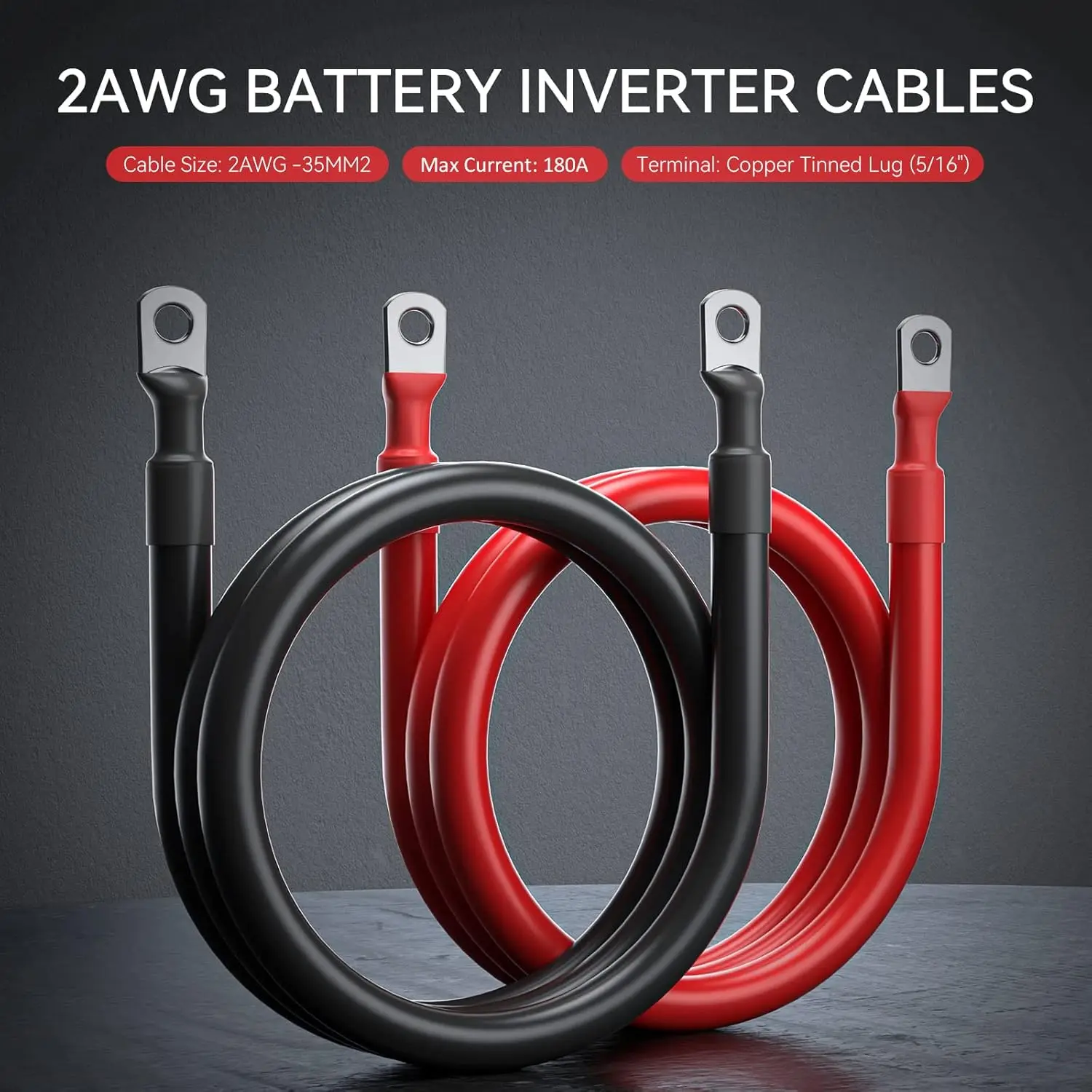 Elastyczny kabel akumulatorowy 2 AWG z końcówkami 5/16" z czystej miedzi, przewód do inwertera i spawania, odpowiedni do systemu inwerterowego solarnego, akumulatora, kampera, kolor czerwono-czarny.
