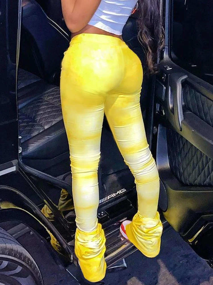 Tie-dye Casual Trousers Y2k Streetwear Autumn High Waist Trumpet Pants High Stretch Yoga Leggings Fitness sportowy Spodnie damskie