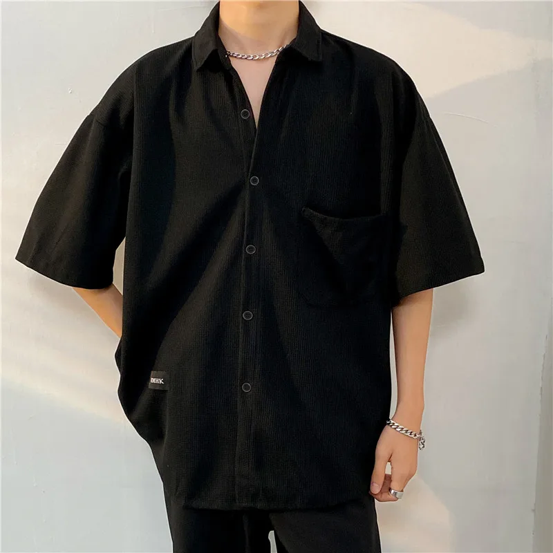 M-3XL Shirts Men High Street Vintage Pocket Design All-match Half Sleeve Tops Basic Ins Males Handsome Clothing Harajuku Office