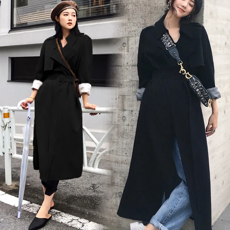 

Nice Spring Autumn Women Black Trench Coat With Belted Long Windbreaker Female Casual Long Sleeve Coat Loose Outwear R236