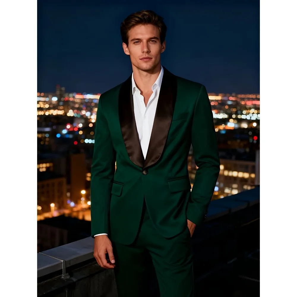 

Зеленый пиджак-смокинг с черными атласными лацканами, облегающий дизайн для вечеринок, вечеринок и официальных мероприятий