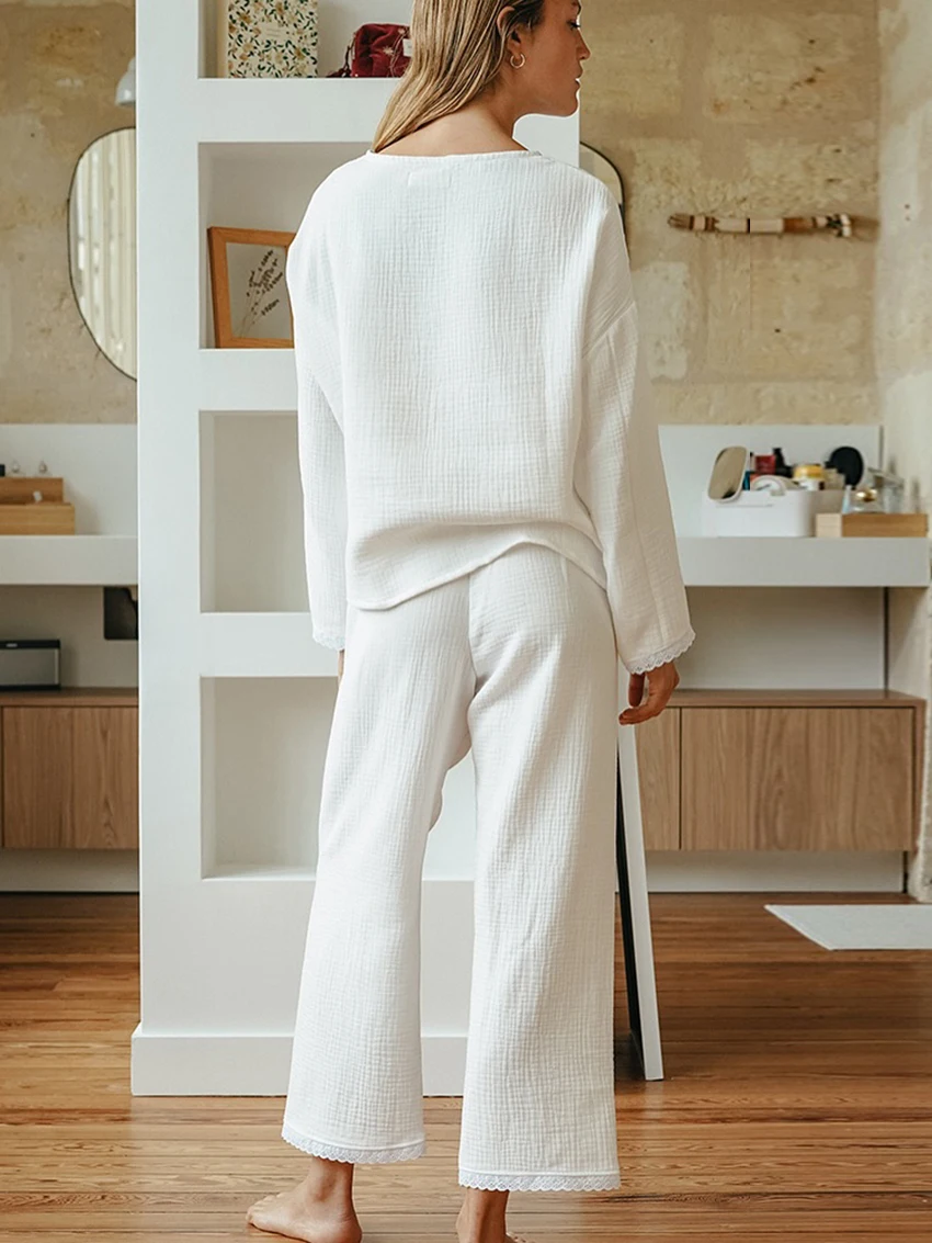 Marthaqiqi Cotton White Women Sleepwear Suit O-Neck Nightgowns Long Sleeve Pajamas Pants Loose Lace Ladies Nightwear 2 Piece Set
