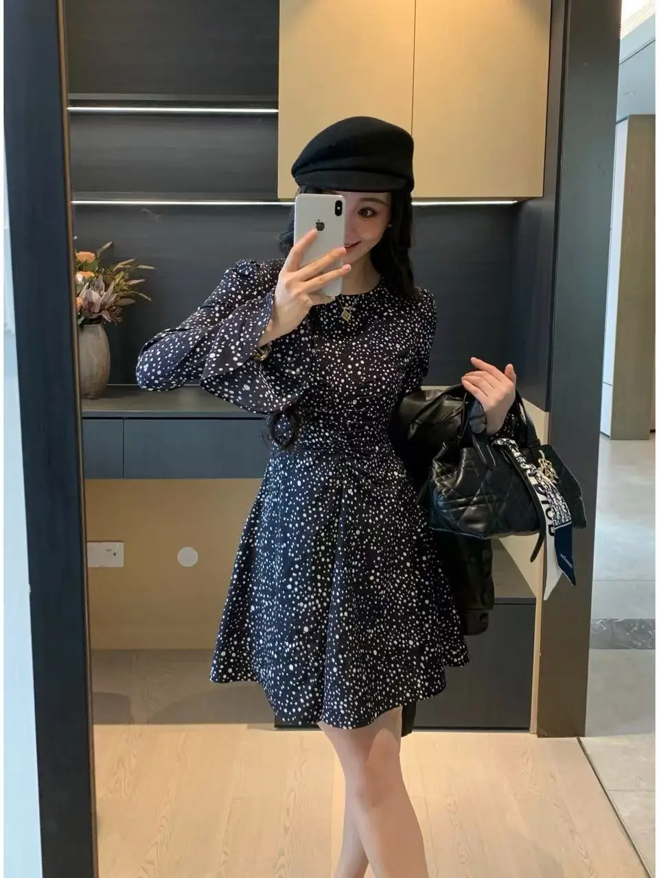 

Платье XIN в горошек миди с длинным рукавом, приталенное, с завышенной талией, А-силуэт, в корейском стиле, осеннее