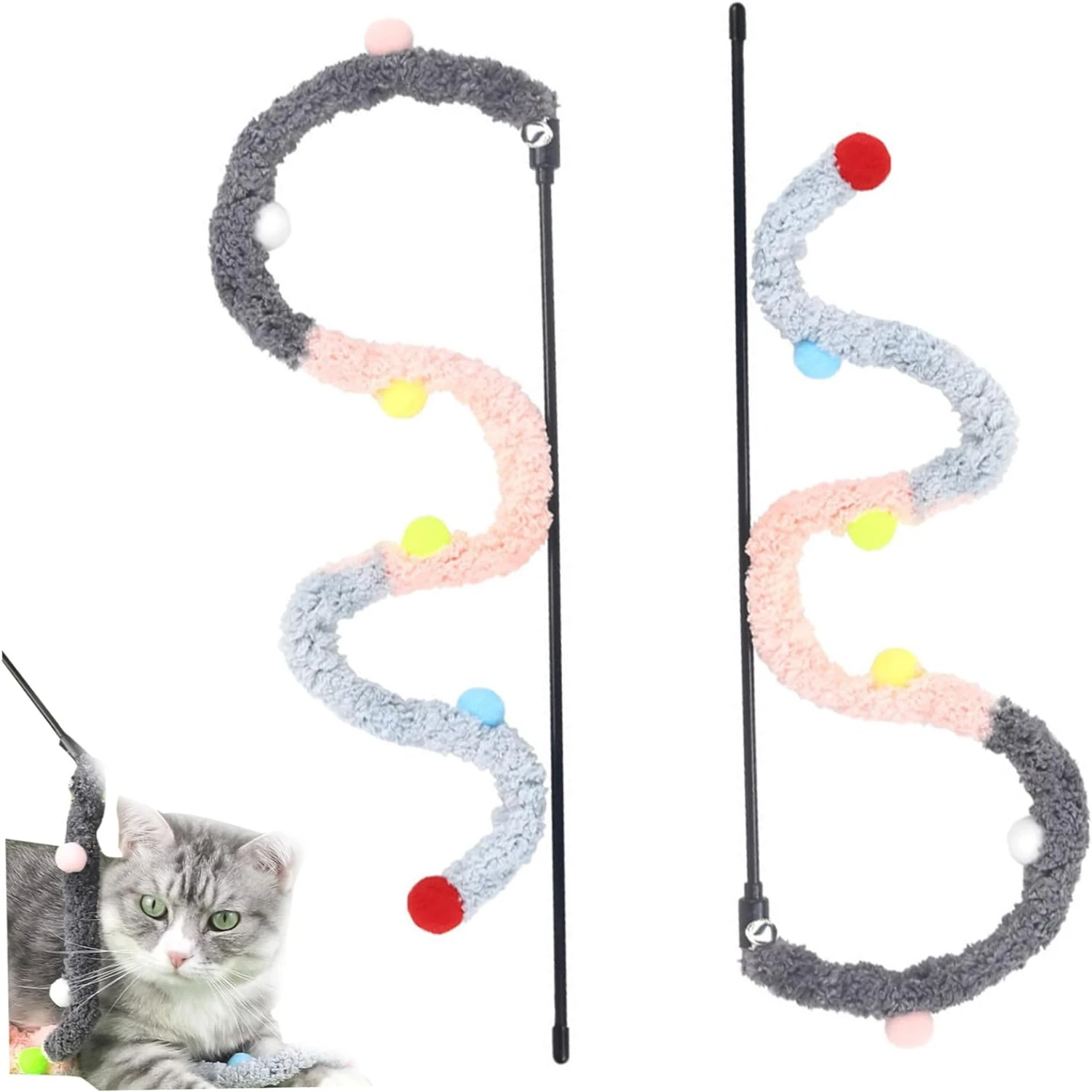 Engaging Beautiful Vibrant Grey Cat Play Set with Interactive Plush Teaser Toy Wand for Entertaining Pair Bonding with Your Belo