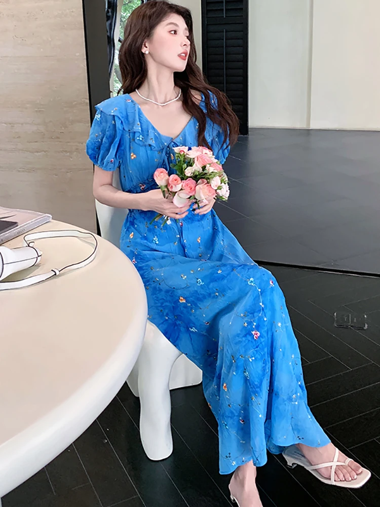 المرأة الأزرق التطريز الأزهار القوس تكدرت طوق فستان طويل الصيف أنيقة ضمادة فستان 2025 الكورية موضة فستان مناسبات غير رسمية