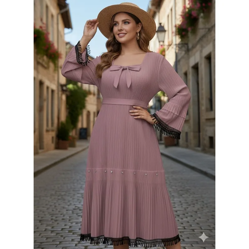 

Miyake плиссированное платье больших размеров 2026, весенние новые плиссированные платья для ногтей, бахрома, кружево с квадратным вырезом, свободные элегантные женские длинные платья в складку