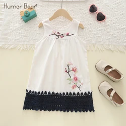 Humor Bear Girl Floral Embroidery Lace Design Casual Style Sleeveless Tank Dress Children Clothing