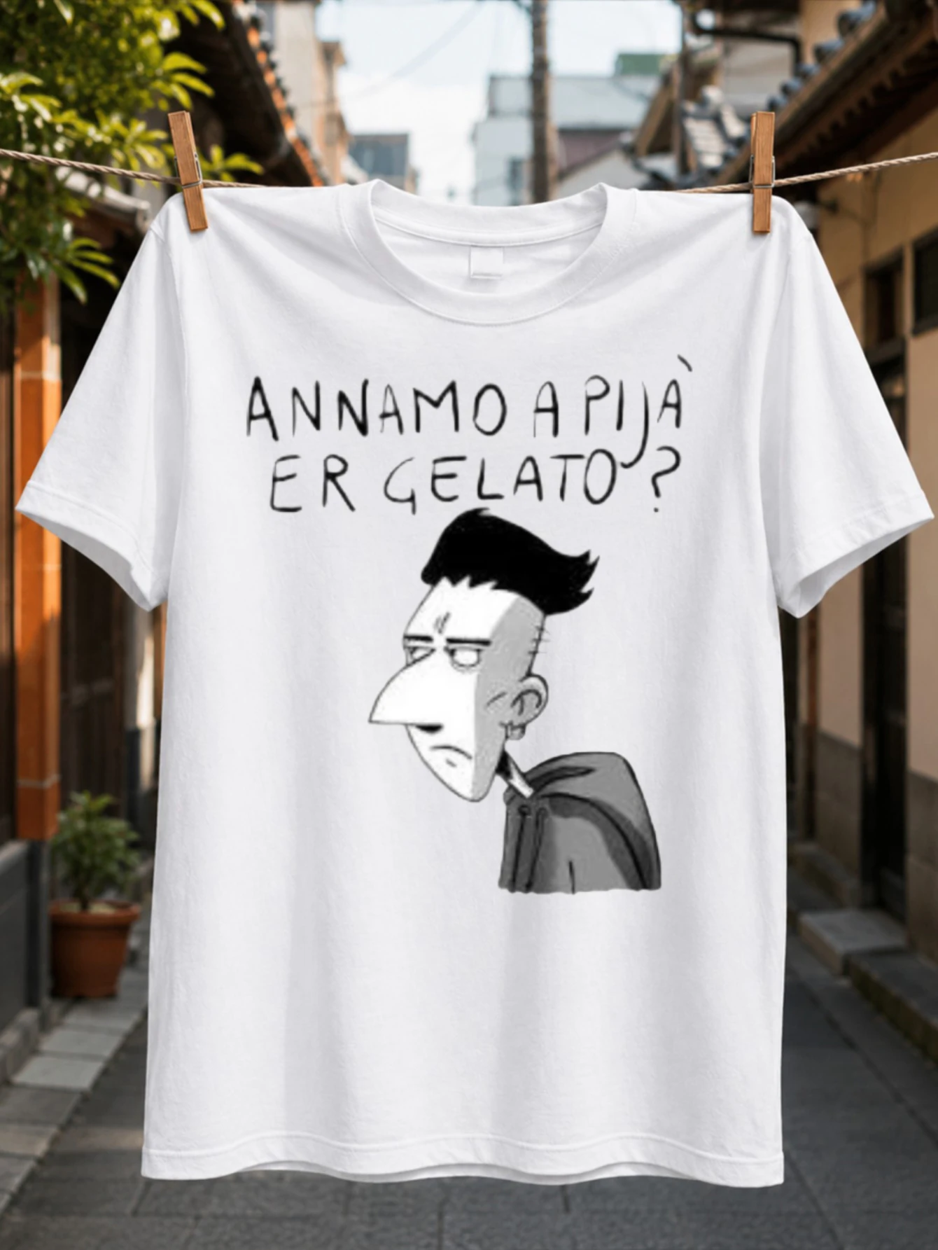 Roman Italian Shall We Go Get Ice Cream? bored cartoon man with angular face and handwritten text  Unisex All T-Shirt