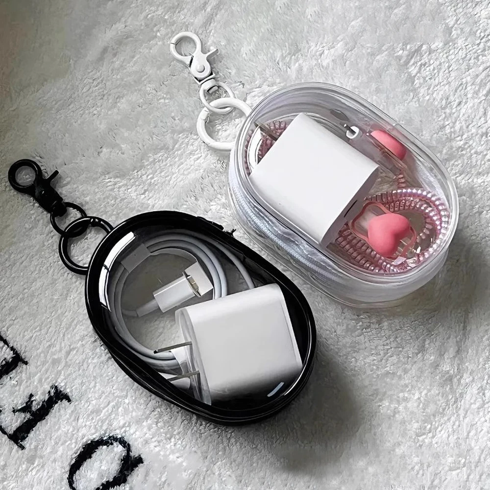 Portable Mini Transparent Charging Cable Storage Bag with Zipper Multifunctional Headphone Case Travel Accessories with Keychain