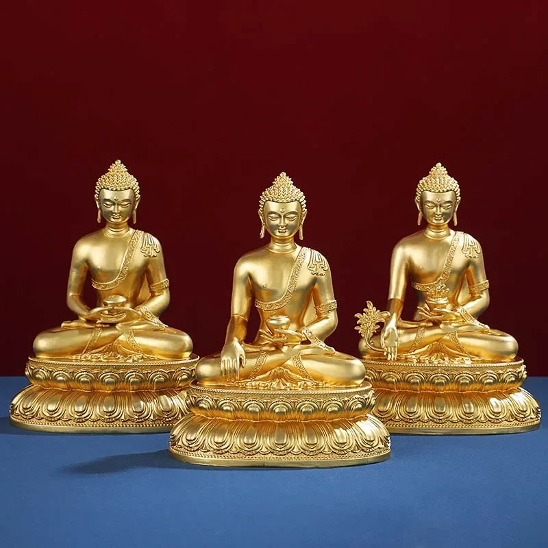 A set 3P Tibet Nepal high quality 24k gilding copper SAN BAO FO Shakyamuni Amitabha Medicine Buddha statue Shrine protection