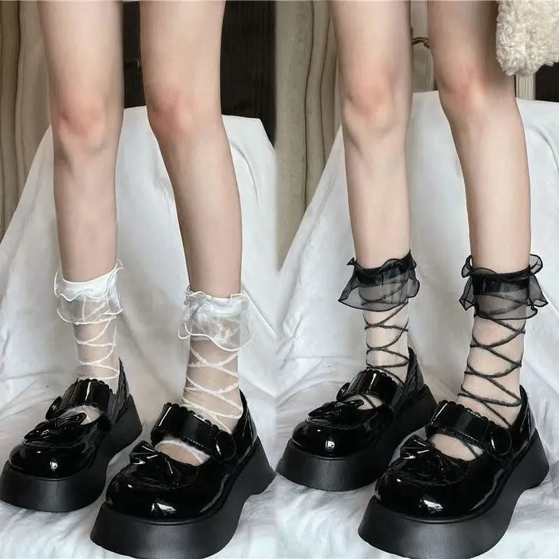 Lace Glass Stockings Lace Socks Women's Thin Summer Cross Striped Socks Cute JK Black Socks