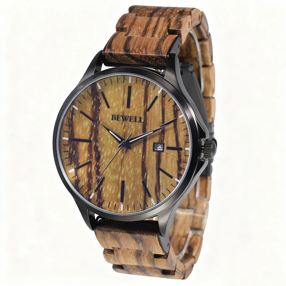 Sleek Thin Natural Wooden Watch for Men, Vivid Dual Display Deep Waterproof Clear Date Firm Fold Buckle Premium Wristwatch