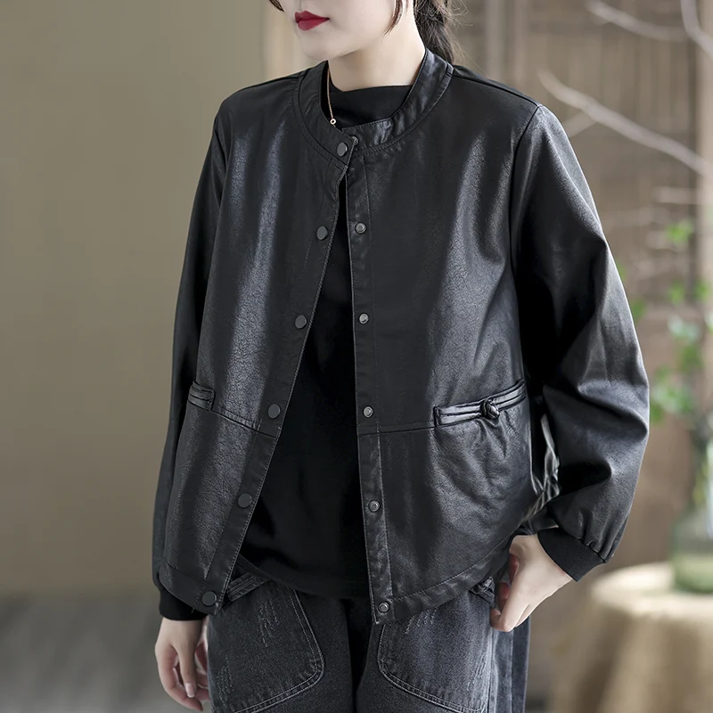 Chaqueta Corta de Cuero para Mujer, Ropa de Abrigo de Otoño, Estilo Motero de Alta Gama, Cuello Alto, Manga Larga, Abrigo de ...