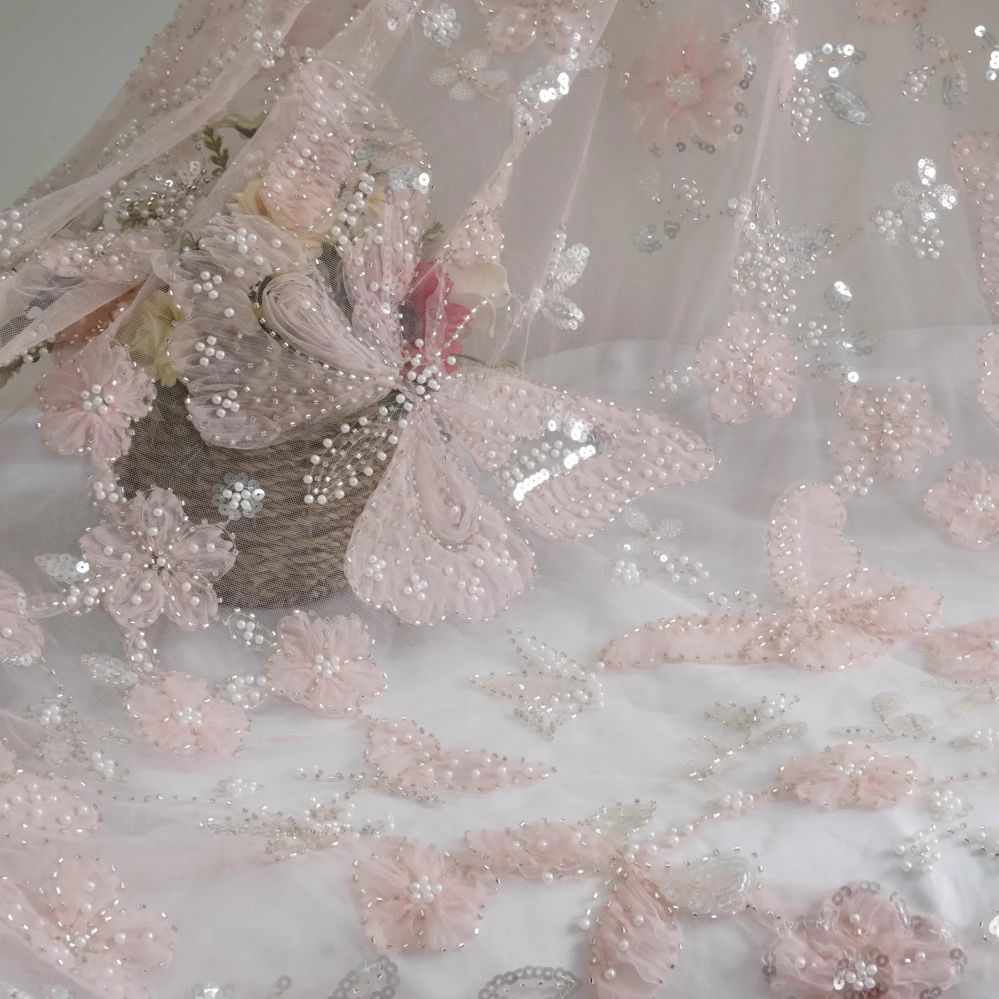 

1 ярд, новая сетчатая ткань с 3D вышивкой и блестками, дизайнерское свадебное платье по индивидуальному заказу, ткани Cheongsam для шитья тела