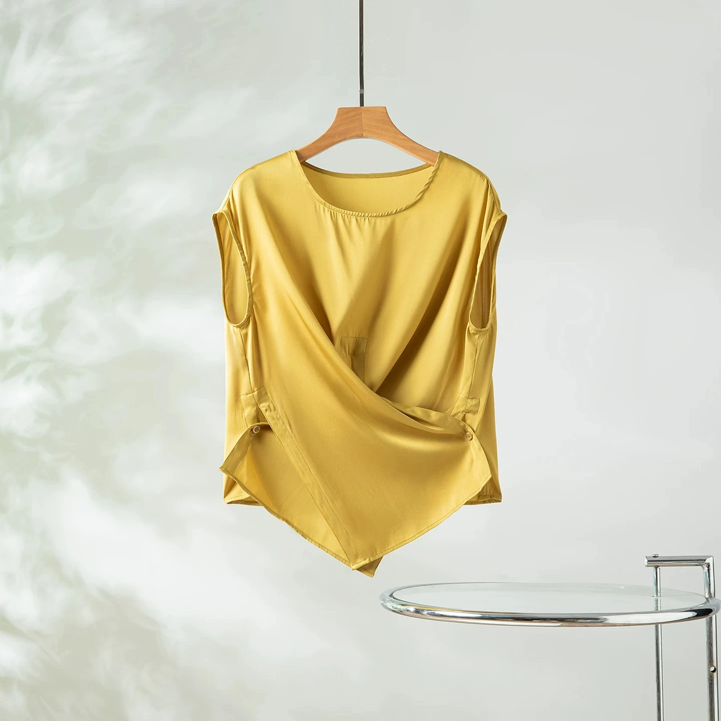 Winsleter-93%Silk 7%Spandex Elegant T-Shirt, O Neck Solid, Women Design Sense Irregular Casual Loose Top, 2026 Summer T66173CC