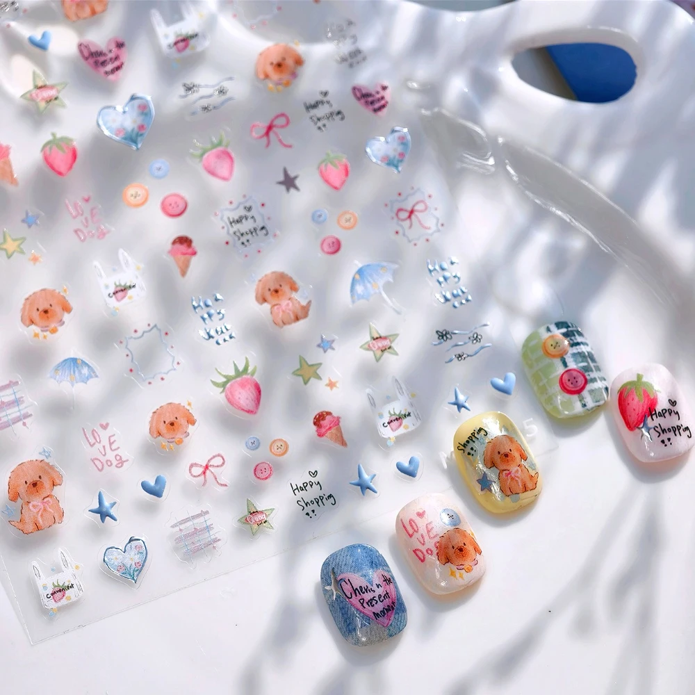 

Strawberry Ice Cream Puppy Bowknot Stars Shiny Cute Graffit 3D Self Adhesive Nail Art Stickers Lovely Cartoon Manicure Decals