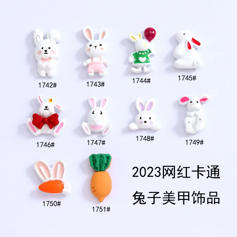 

2023 Popular Cute Cartoon Rabbit Radish Alloy Color Painting Metal Stereoscopic Cute Nail Accessories 10Pcs/Lot