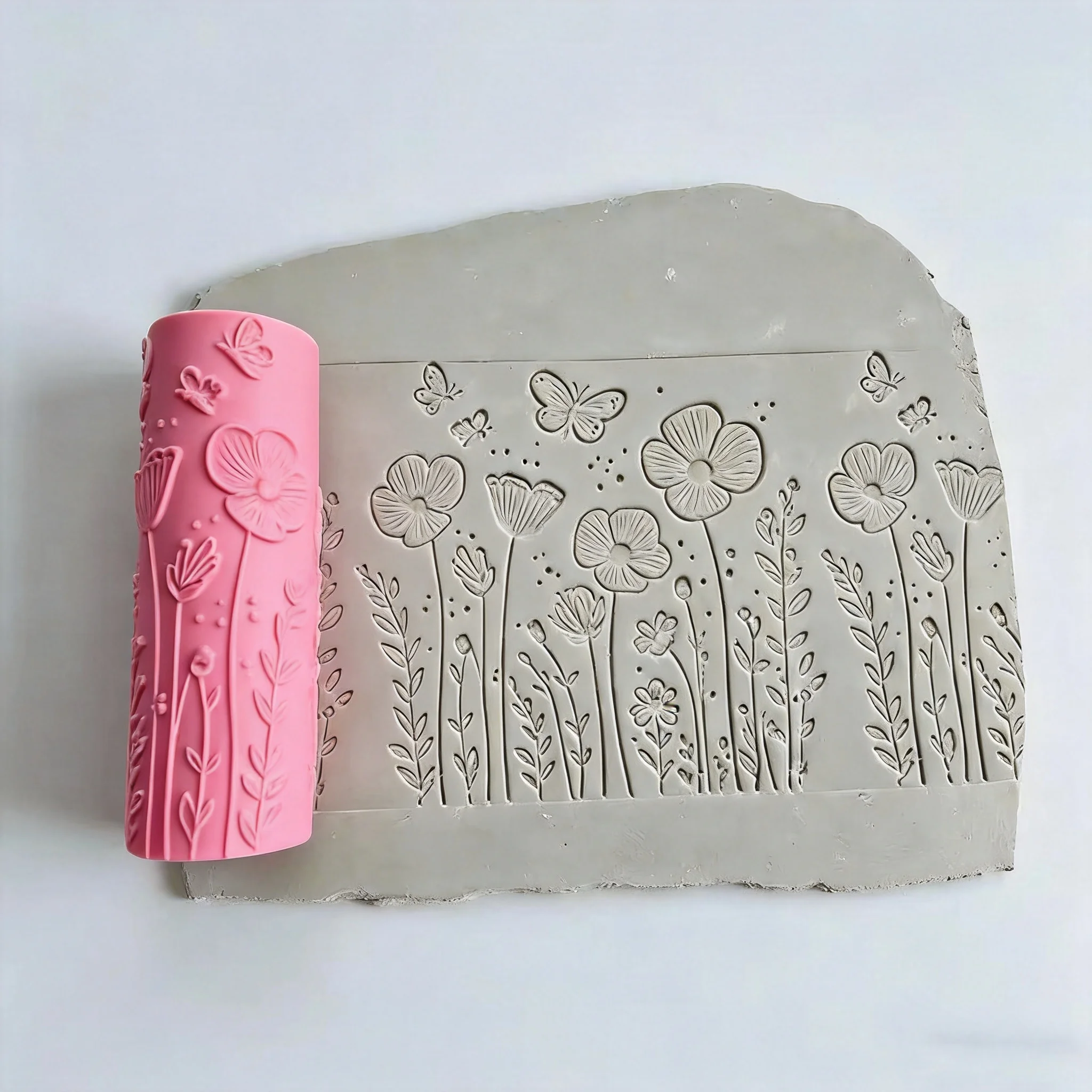 Sommerlicher Blumen- und Schmetterlings-Textur-Polymer-Clay-Roller aus Keramik – Nahtloses Formwerkzeug für DIY-Kreativprojekte – Detail 3