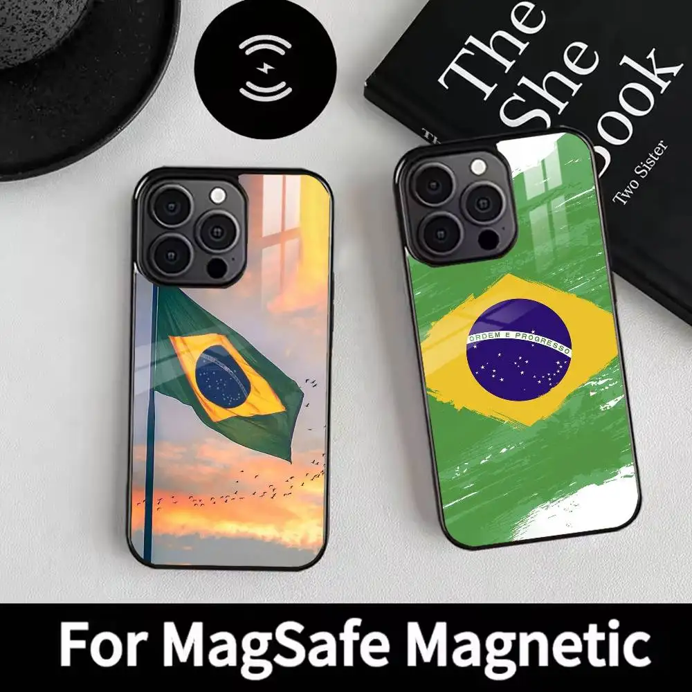 B-Brazil Country flag Phone Case For iPhone 17 16 15 14 13 12  Pro Max Plus for Magsafe Mirror Wireless Magnetic Cover