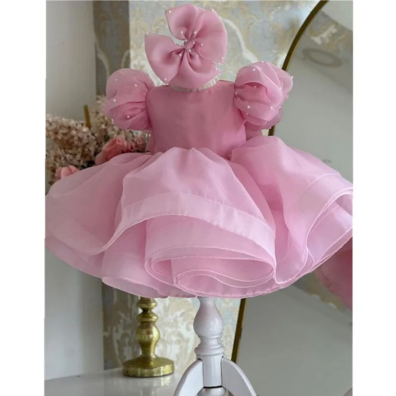 2024 New Girls Pink Princess Ball Gown Children Beading Bow Design Birthday Party Evening Performance Dresses y1169