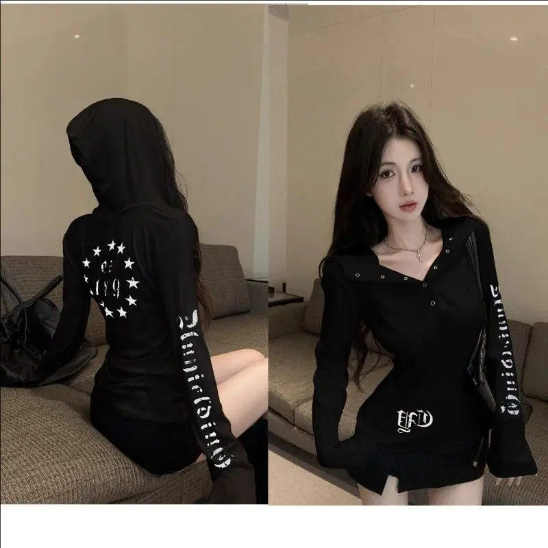Y2k Gothic Aesthetic Hooded Sweatshirt Long Sleeve Hoodie Women's Grunge Slim T-Shirt Trendy Vintage Harajuku Hoodies Tshirt