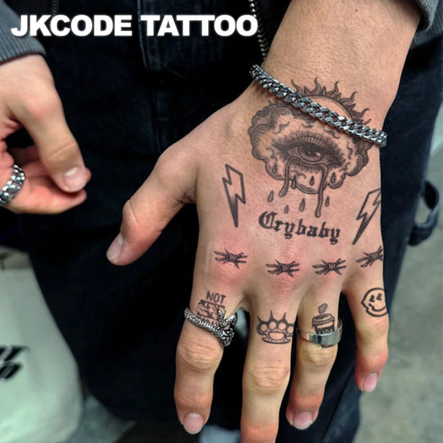 Herbal Men's Hand Tattoo in Retro Rock Style - Graffiti Thunderstorm Cloud - Lightning Coffee Cup Cat Paw Pattern Dual-Use for Men and Women Quirky Cute Tattoo Cool Rock Rider Style Men's Arm and Leg Temporary Tattoo Waterproof and Long-Lasting