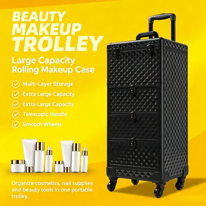 Rolling Makeup Nail Training Case with Multi-Layer Pull-out Drawers, Wheeled Beauty Travel Trolley for Makeup Eyelash Nail Tech