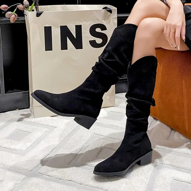 Denim Knee High Cowboy Boots for Women  Autumn Pleated Chunky Heels Long Boots Woman Pointed Toe Low Heel Botas Mujer 2024