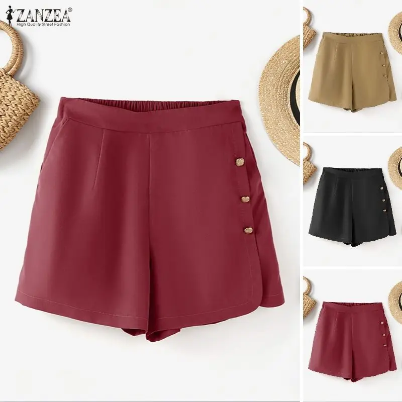 

ZANZEA Летние однотонные рабочие шорты 2026 для женщин, с эластичной талией, стильные повседневные брюки для отпуска, элегантные свободные палаццо оверсайз