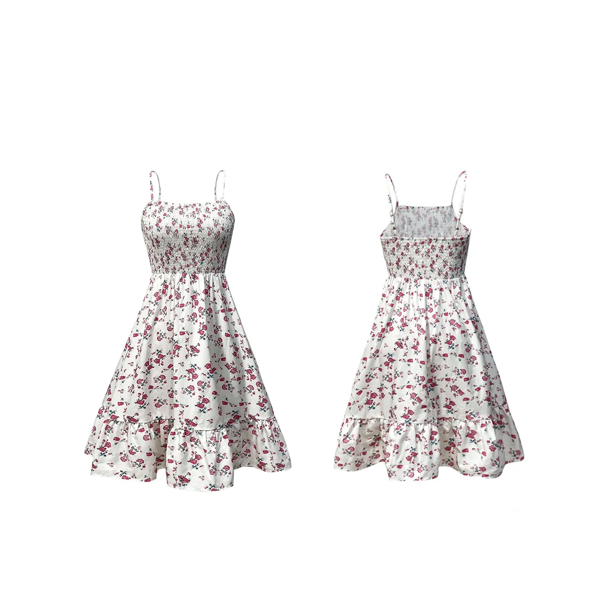 【SEE】Mini vestido floral con tirantes finos, cuello cuadrado, línea A, lindo vestido veraniego, vestidos de playa de verano para mujer 2025