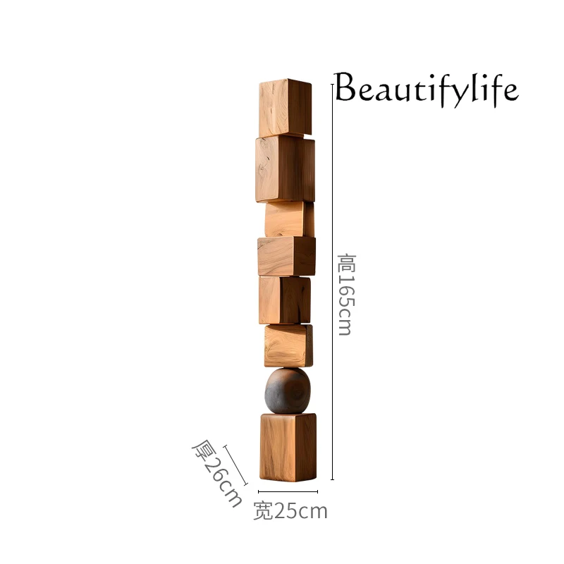Solid wood sculpture artwork geometric columns vertical height floor ornaments exhibition hall entrance soft decoration
