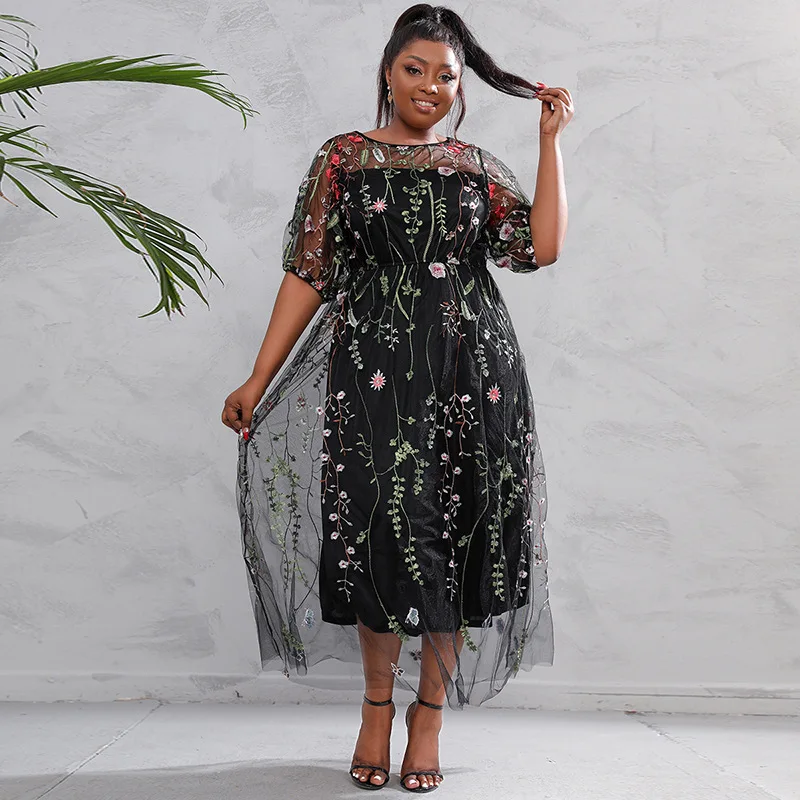 

Large size dress mesh embroidery crew neck adult dress skirt party banquet fashion simple temperament elegant vacation style hig