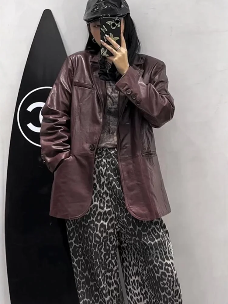 เสื้อโค้ทหนังแท้ทรงหลวมสไตล์ลำลองสำหรับผู้หญิง รุ่นสลิมมิ่ง แฟชั่นฤดูใบไม้ร่วง 2024 สไตล์เรโทร แนวธุรกิจลำลอง