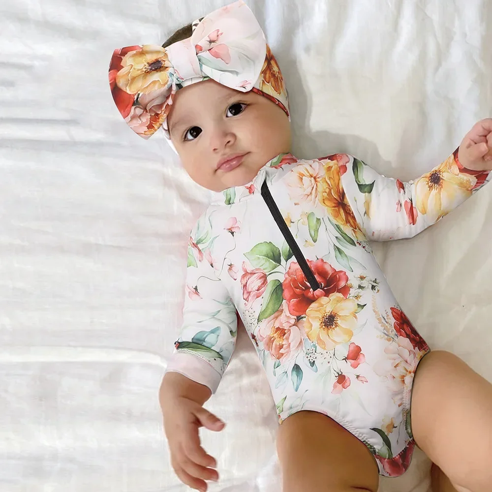 New Summer Baby Girls One-piece Swimsuit Long Sleeve Sunscreen Quick-Dry Cute Floral Print Swimwear Toddler Bathing Costume