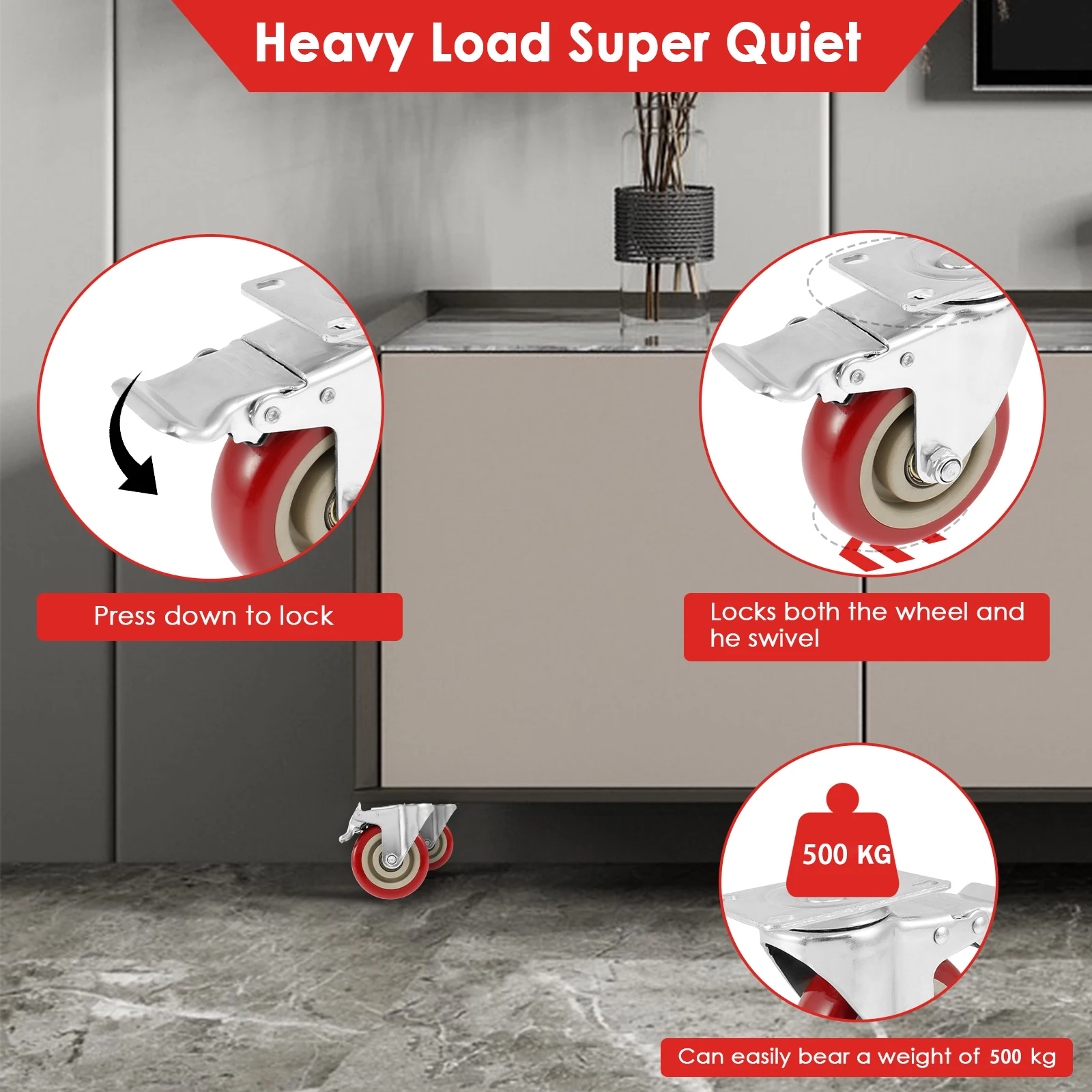 Ruota girevole universale da 4 pezzi pesante 360 °   Ruote freno silenziose girevoli Ruote mobili con piattaforma di usura Carrello per il trasporto domestico